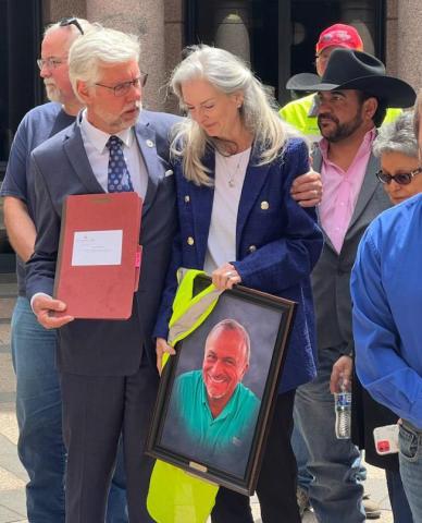 Representative Lynn Stuckey, left, offers Mitzi Morin, center, support following a capitol hearing on House Bill 898, legislation that would increase penalties for those who ignore the Move Over, Slow Down law. Morin and her stepson Kristopher Morin, right, mourn the passing of Patrick Morin in December. COURTESY PHOTO