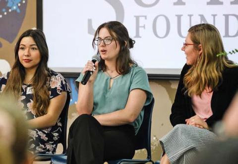 Lampasas High School alumna Monica Garza, at left, and fellow Howard Payne University Sumners Scholars Madi Boggs and Brooke Robbins participate in a Sumners Social for prospective students. courtesy photo