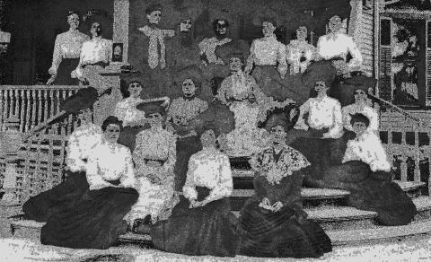 This photo shows the founding members of the Pierian Club from 1903. It was taken on the steps of the house on Broad Street and West Fourth, built by the father of Virginia Ribble Hall who was a Pierian Club member. Courtesy photo