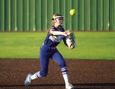HUNTER KING | DISPATCH RECORD Sagen Plouff throws from second base to first base to record an out early in Tuesday’s game.