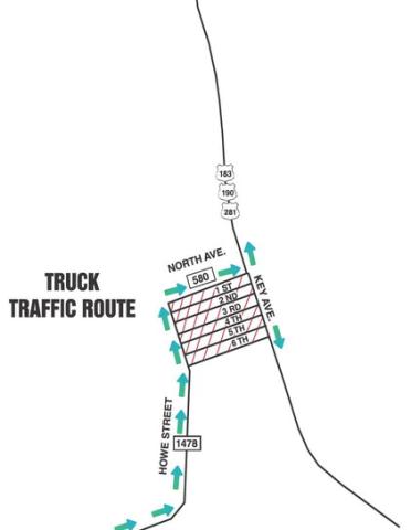 According to Lampasas Police Department officials, commercial truck traffic coming into the city on FM 1478/Naruna Road is required by city ordinance to travel along Howe Street to North Avenue/FM 580 before then heading east to Key Avenue. Trucks are not allowed to travel residential streets such as West Sixth Street to take a shortcut to the main thoroughfare. TRISH GRIFFITH | DISPATCH RECORD GRAPHIC