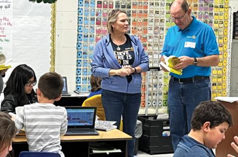 courtesy photo Putting dictionaries in the classroom The Copperas Cove Rotary Club donated dictionaries for every third-grade student at Taylor Creek Elementary School. Sarah Seidler and Tom Pursel, shown here, passed out the dictionaries and answered questions from students.