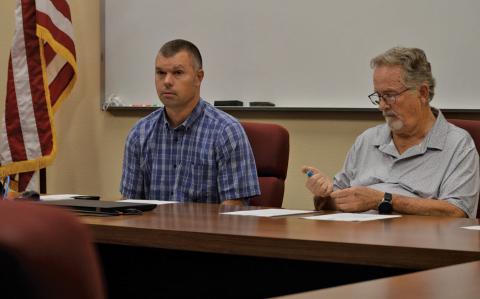 From left, Lampasas Central Appraisal District Board of Directors Chairman Marshall Brewer and secretary Philip Garrett look on during Thursday’s meeting, which was held at the Lampasas ISD Administration Building to accommodate public attendees. erick mitchell | dispatch record