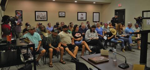 Kempner Water Supply Corp. customers fill the Kempner City Council Chambers during Tuesday’s public meeting on the water supplier’s troubles. Some attendees sat in the hallway outside the Council Chambers or listened via radio outside City Hall once capacity was reached in the meeting room. ERICK MITCHELL | DISPATCH RECORD