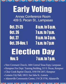 Early voting begins Monday for the Nov. 5 General Election. The county is offering weekend balloting on Oct. 26-27, as well as extended voting hours Oct. 28-Nov. 1. For a sample ballot that lists candidates up for election, see page 11. DISPATCH RECORD GRAPHIC
