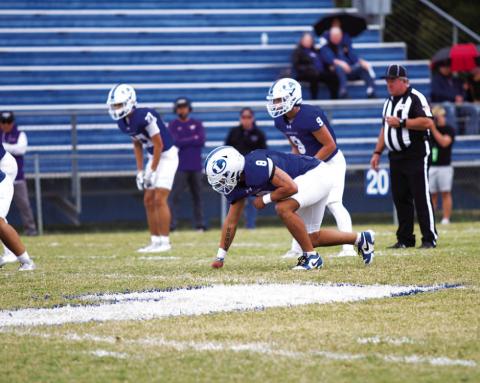 Elias Ayala lines up ready to rush the passer during last Saturday’s game against Marble Falls. HUNTER KING | DISPATCH RECORD