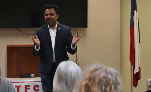 Abraham George, chairman of the Republican Party of Texas, addresses the Texas First Conservative Alliance gathering Tuesday evening in Lampasas. ERICK MITCHELL | DISPATCH RECORD