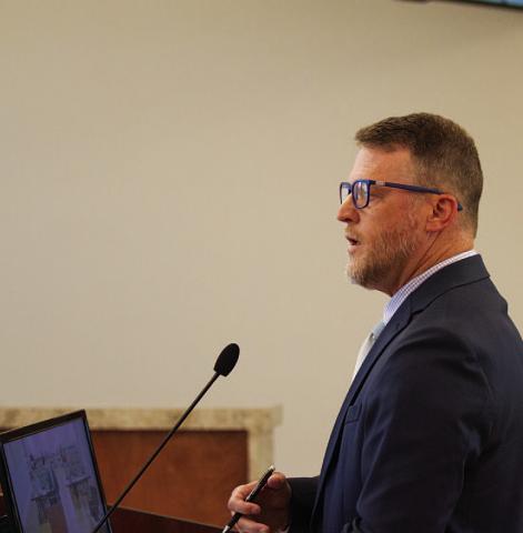 Assistant City Manager Ryan Ward leads the budget discussion with council members on Monday night. Talks will continue Monday, when a budget workshop is set for 5:30 p.m. HUNTER KING | DISPATCH RECORD