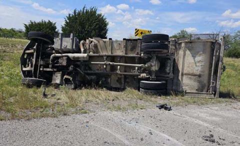This garbage truck overturned after a reported brake failure at the intersection of FM 580 East and FM 1715. COURTESY PHOTO
