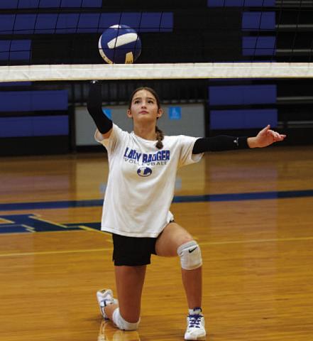 Henley Murchison goes through a drill during the Lady Badgers’ volleyball camp for incoming freshmen last Tuesday through Thursday. HUNTER KING | DISPATCH RECORD