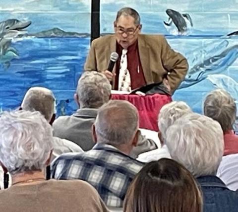 Author and former state historian Bill O’Neal speaks to the audience at the former middle school cafeteria about the providential circumstances that led to Santa Anna’s capture and surrender at San Jacinto on April 21, 1836. courtesy photo