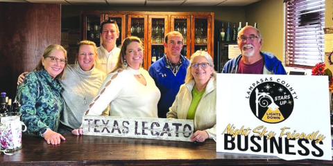 On hand for presentation of the Night Sky Business Award are, from left to right, Lampasas County Friends of the Night Sky Business Liaison Martha Noell, Lampasas County Chamber of Commerce Executive Director Melissa Unger, Chamber Membership &amp; Events Executive Ross Oliver, and Texas Legato team members Lindsey Alexander, Jeff Lowe, and Sulynn and Bill Bledsoe, owners. COURTESY PHOTO