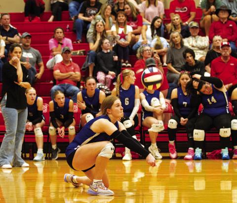 HUNTER KING | DISPATCH RECORD Kari Kepler goes down to dig out a ball during the match against Salado.