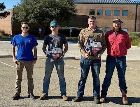 COURTESY PHOTO LHS welding instructor Jonathan Ellison, at left, is shown with students James Clarkston and Connor Alexander who won their categories at the TSTC Sweetwater Regionals competition, accompanied by welding instructor Stephen Byrd, at right.