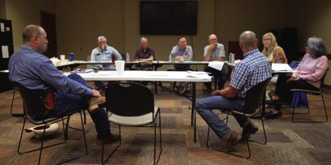 The Lampasas County Commissioners Court met last week in a series of budget workshops to consider needs of various county departments. Chief Deputy Kodie Greenburg, at left, was on hand to explain the requests for fiscal 2025 from the Lampasas County Sheriff’s Office. A portion of the LCSO budget includes monies for operation of the Lampasas Animal Shelter. Sheriffelect David Parker is pictured at front right. ERICK MITCHELL | DISPATCH RECORD