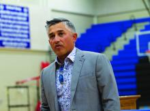 Marcus Chapa speaks to an audience as he was introduced as the new girls’ basketball coach at the annual basketball awards banquet on Wednesday night at Lampasas High School. HUNTER KING | DISPATCH RECORD