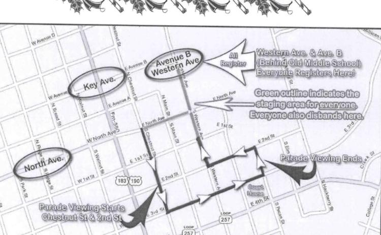 This map shows the route of Vision Lampasas’ annual Lampasas Lighted Christmas Parade, sponsored by Ajinomoto Foods. Line-up is scheduled to begin Saturday at 6 p.m., and the parade is slated to start at 6:30 p.m. COURTESY GRAPHIC