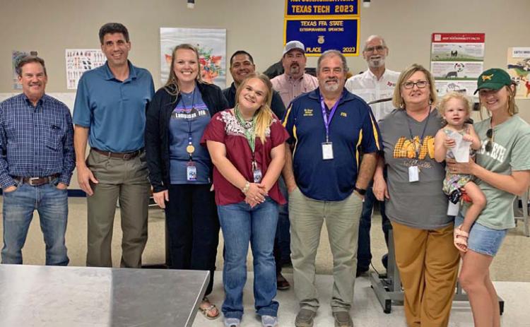 LISD AgScience Advisory Council members include, front row from left, teachers Madison West, Kevin Kaase, Judy Hail and Kirby Phillips (holding daughter, Emma); back row, Darryl Raub, Superintendent Dr. Chane Rascoe, CTE Director Liz Haviland, Tony Rojas, Lee Loeffler and Council Chairman Dr. Steve Forsythe. Not pictured: Council members Mike Hail, Jeff Rutland, Harvey Stinnett and Heath Lusty. courtesy photo