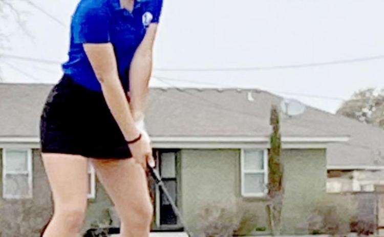 Kenlee Turner tees off at Gatesville Country Club, where she placed fourth and the Lady Badgers were first as a team on Tuesday. JAYME VALLES | COURTESY PHOTO