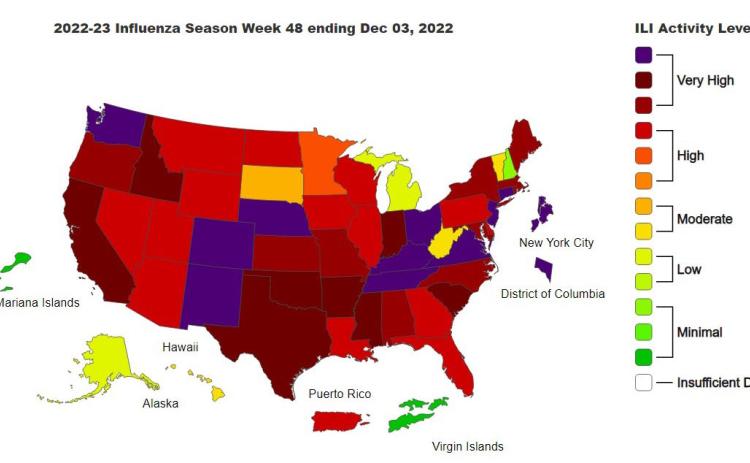 CDC FluView shows that Texas is considered “very high” in flu activity for the week ending Dec. 3. COURTESY PHOTO | CDC WEBSITE