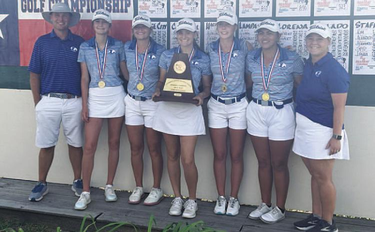 The girls’ golf team poses with their trophy and medals from the regional golf tournament. COURTESY PHOTO | LAMPASAS ATHLETICS FACEBOOK
