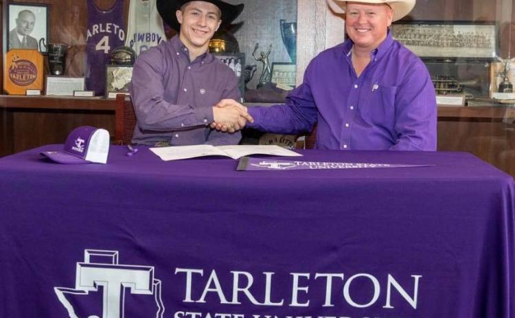 Kempner-area bull rider Riggen Hughes, left, signed with Tarleton State University’s rodeo program. He is shown with coach Mark Eakin. COURTESY PHOTO