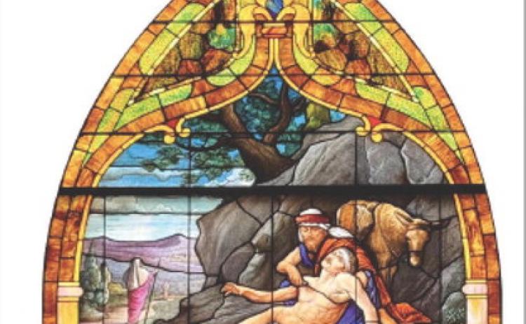 One milestone in 2025 was the 150th anniversary of St. Mary’s Episcopal Church in Lampasas. Here a stained-glass window depicts The Good Samaritan helping his neighbor, near bottomcenter of the photo, after he was beaten and robbed according to the Gospel of Luke.
