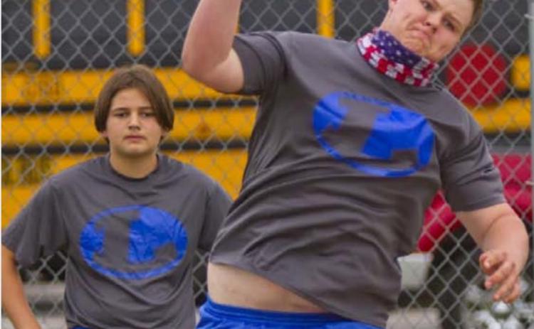 Seventh-grader Hunter Windham placed first in shot put at the Badgers’ home track meet on Wednesday. LMS won both the seventh-grade and eighth-grade boys’ team divisions, but full results were not available at press time. JEFF LOWE | DISPATCH RECORD