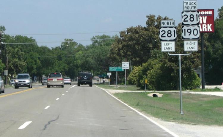 Trucks headed north along U.S. Highway 281 are directed on to U.S. 190 East to connect with nearby U.S. 183. AA ROADS.COM
