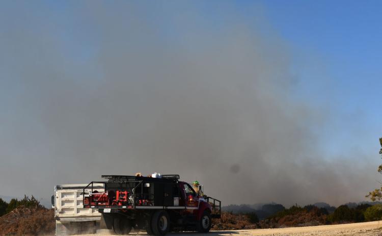 A Lampasas Fire Department brush truck arrives at the scene of the fire Thursday afternoon. Photo by Madeleine Miller