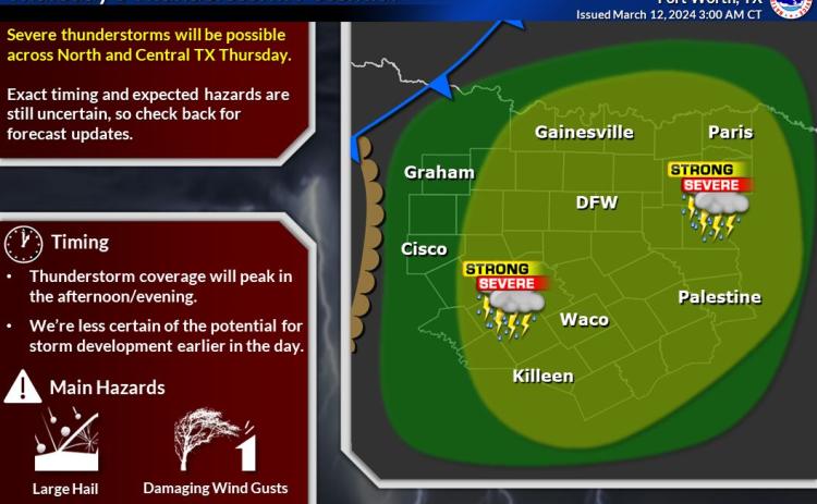 This National Weather Service graphic shows a multi-county area with a high possibility of storm activity this weekend. 