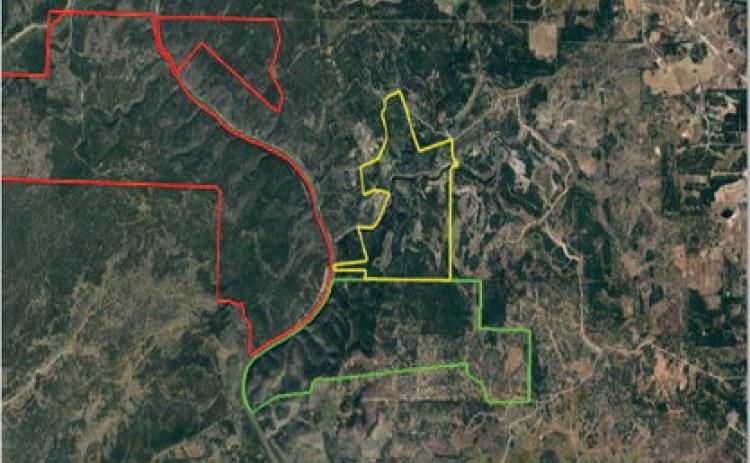 Land outlined in red belongs to Colorado Bend State Park. The Texas Parks and Wildlife Commission on Thursday approved the acquisition of 1,100 acres in Lampasas and Burnet counties – outlined here in yellow – to be designated for a state park. In a previous action, the TPW Commission approved the purchase of the 2,020 acres outlined in green to create a new state park.