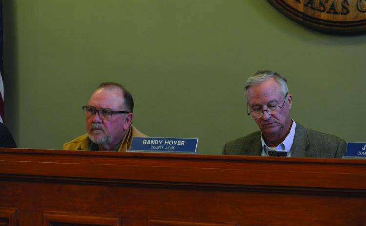 Precinct 3 Commissioner Shad Hill, at left, and County Judge Randy Hoyer listen as information is presented on septic systems. ERICK MITCHELL | DISPATCH RECORD