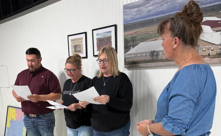 After the canvassing of vote results from the May 2 election, trustees Anthony Resa, Tabithe Whitehead and Courtney Duncan were sworn in by Ronda Bridges at the Lometa school board meeting last week. COURTESY PHOTO