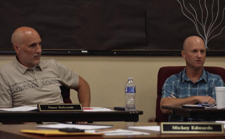 Assistant Superintendent Dana Holcomb, at left, told trustees at Monday’s school board meeting that acceptance by the state of the Lampasas ISD Teacher Incentive Allotment application is “the first big hurdle” that has been cleared. District administrators plan to implement the program in 2026-2027. Pictured next to Holcomb is LISD Chief Financial Officer Shane Jones. ERICK MITCHELL | DISPATCH RECORD