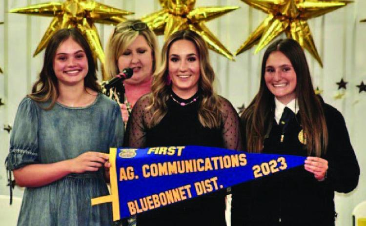 Lampasas FFA members, from left, Morgan Littlefield, Avery Hopson and Paige Rutland placed first in district, first in area and first in state in Agricultural Communications. Not pictured: team member Jamie Resa. FFA adviser Judy Hail, in back, said, “Our teams who traveled to state contests to compete represented Lampasas well and now rank in the top 2% in the state in their area of competition.” JOYCESARAH MCCABE | DISPATCH RECORD