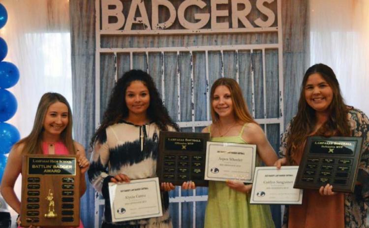 Award winners at the Lady Badgers’ softball banquet on Wednesday include, left to right, Battlin’ Badger Rose McAnally, co-Offensive MVPs Alycia Cantu and Aspen Wheeler, and Defensive MVP Caitlyn Sanguinet. JV team awards went to Offensive MVP Addison Berry, co-Defensive MVPs Karissa Perez and Daecee Ellis, and the JV Heart Award to Emma Lopez. JEFF LOWE | DISPATCH RECORD