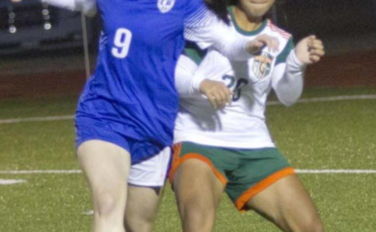 Bella Lindsey (9) scored all three goals for the Lady Badgers in a loss at Copperas Cove on Tuesday. She is shown in a previous match at home. JEFF LOWE | DISPATCH RECORD