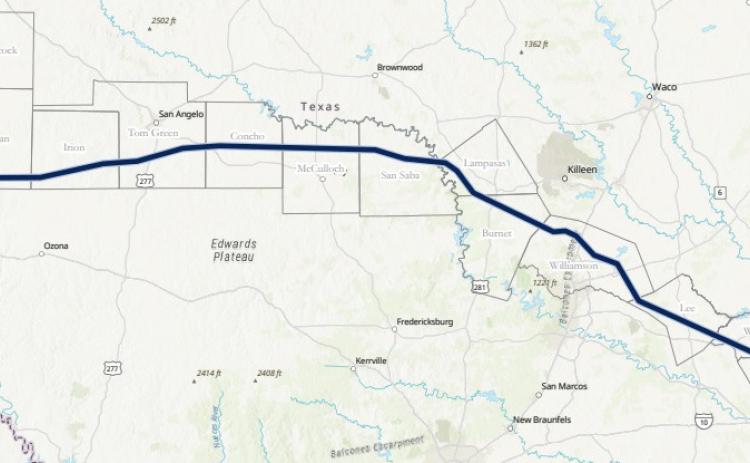 MONIQUE BRAND | DISPATCH RECORD The Matterhorn Express Pipeline will run 490 miles west to east across Texas. It will cross Lampasas County at the southwestern corner, as shown in the area circled above.