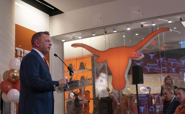 Jim Schlossnagle addresses the media and more at his introductory press conference for Texas. COURTESY PHOTO | TEXAS ATHLETICS
