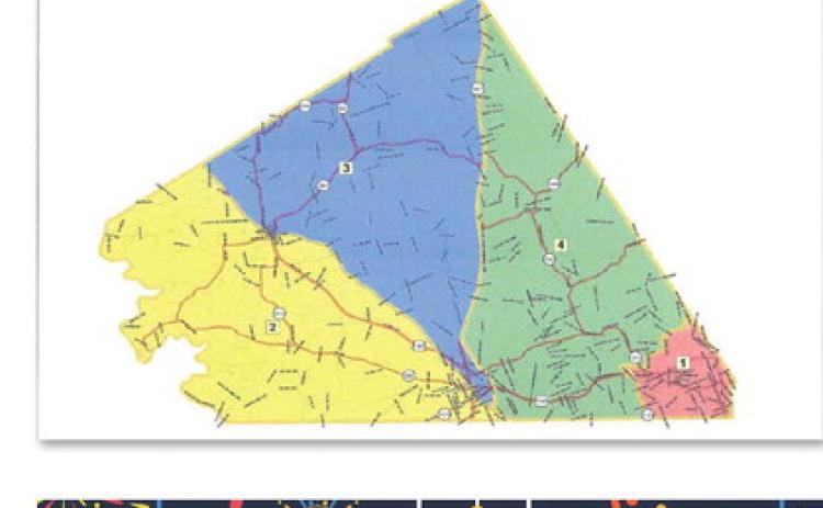 This map reflects proposed new boundaries for county commissioner precincts. COURTESY MAP