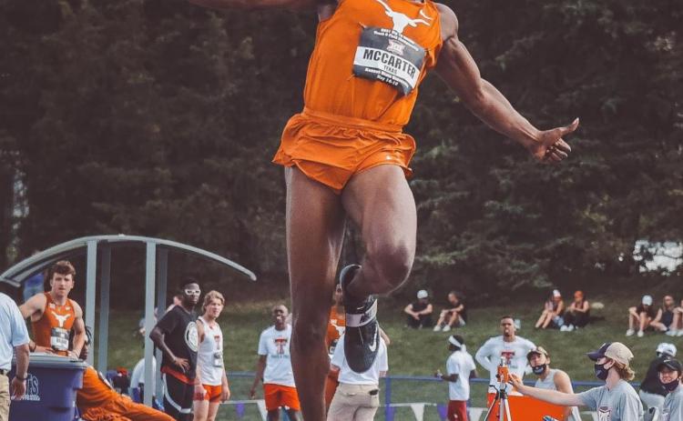 Steffin McCarter is shown at the Big 12 Outdoor Track Championship in May. His mark at the conference meet out-performed the national champion’s mark on Wednesday, but McCarter’s national finals jump came short of that distance and earned fifth. UNIVERSITY OF TEXAS ATHLETICS