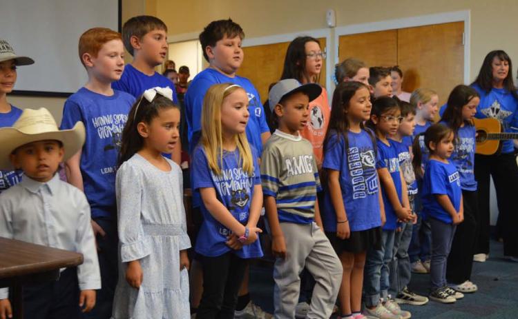 Students representing each grade level at Hanna Springs Elementary performed “The Leader in Me” at Monday night’s Lampasas school board meeting. ERICK MITCHELL | DISPATCH RECORD
