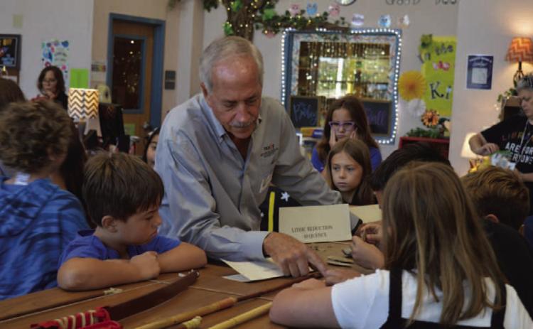 Texas Historical Commission archaeologist Chris Meis explains the hunting technology used by Native Americans to Hanna Springs Elementary School fourth-grade students during Wednesday’s lesson. ERICK MITCHELL | DISPATCH RECORD