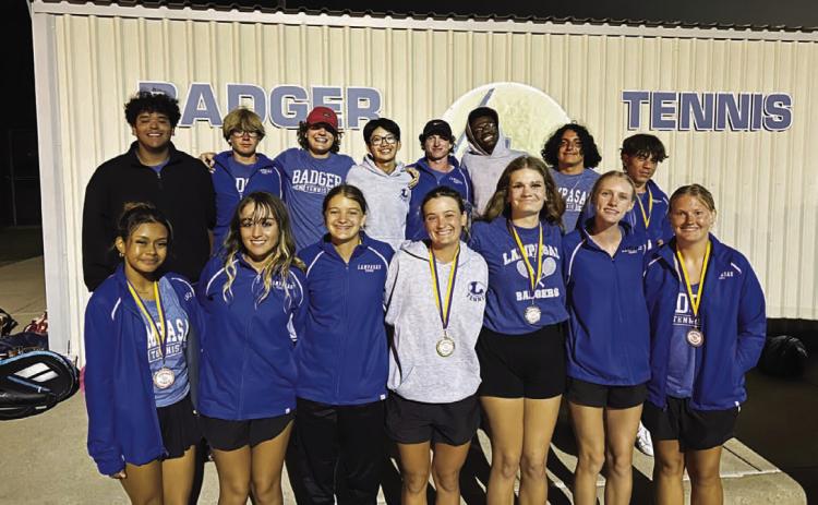Lampasas tennis poses with their medals from the Liberty Hill tournament. COURTESY PHOTO | KENNETH PEISER