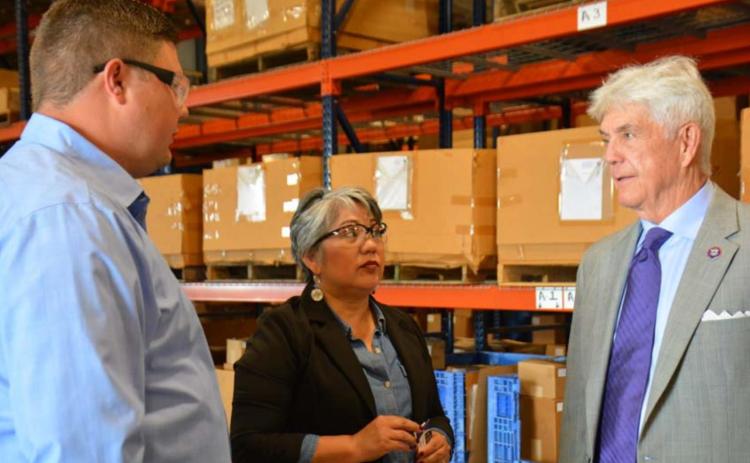 Oil States General Manager Brian Nelson, left, and Senior Human Resources Generalist Mary Ann Nerio give U.S. Rep. Roger Williams a tour of the Lampasas manufacturing site Thursday afternoon. The Republican congressman represents Texas District 25, which includes Lampasas County. PHOTO BY MONIQUE BRAND | DISPATCH RECORD