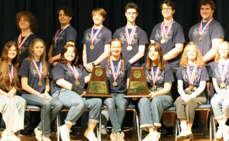 Lampasas’ One-Act Play cast captured first place at both district and bi-district. The play advances to regional competition on April 20. Pictured are, front row from left, Cara Mitchell, Draven Gootee, Ciara Carnes, Larissa Sneed, Abby Taylor, Ella Hairston and Callie Bekker; back row, Cameron Parker, Luke Coonrod, Ben Stone, Bryce Elders, Michael Neary and Conner Keele. Not pictured: Kalir Clements and JT Vasquez. LEXI MORELAND | BADGER TRACKS STAFF