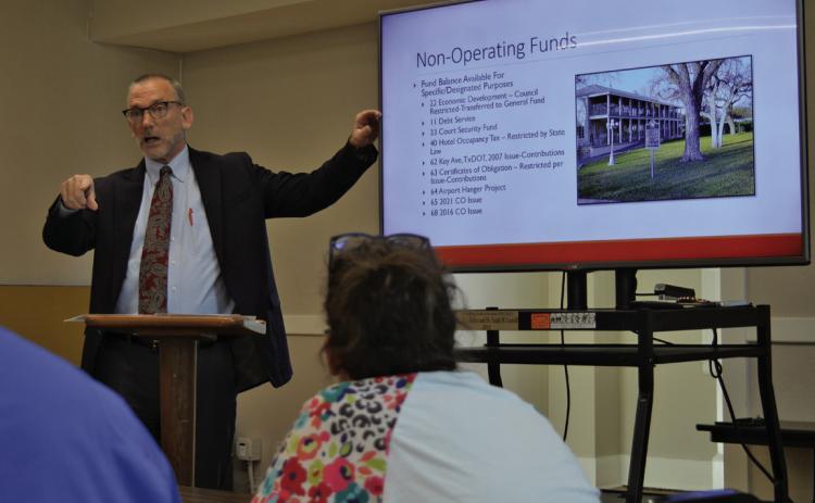 City Manager Finley deGraffenreid makes a budget presentation to Lampasas City Council members on Monday during their workshop session. ERICK MITCHELL | DISPATCH RECORD