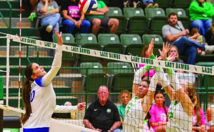 ANA SOFIA MEYER | DISPATCH RECORD Senior middle blocker Ysa Swain tips the ball over the net to secure one of her nine kills against the Burnet Bulldogs on Oct. 2.