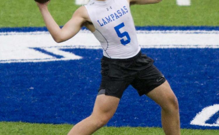 Dax Brookreson played four games at quarterback for Lampasas in 7-on-7 action Saturday. The QB position opened for 2021, as four-year starting quarterback Ace Whitehead graduated last week. JEFF LOWE | DISPATCH RECORD